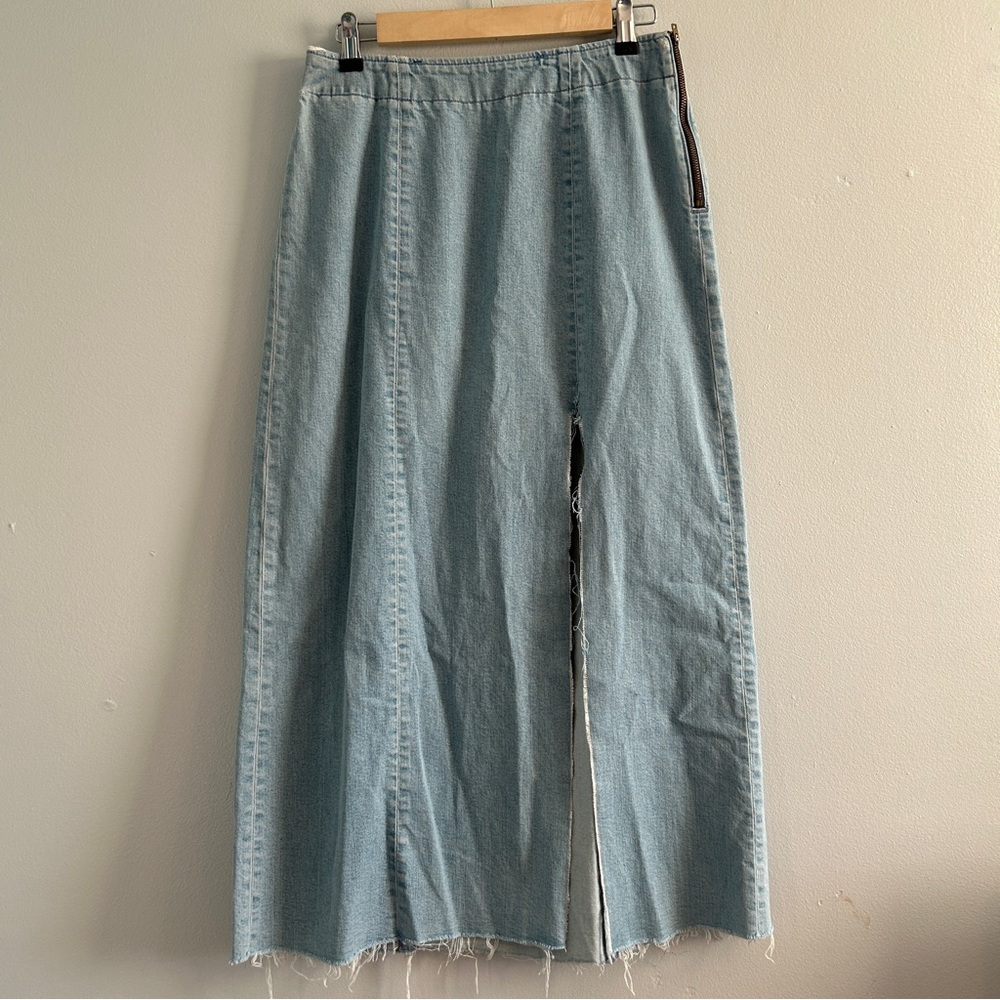 GRLFRND Revolve Amber Jean Denim Long Skirt Light Wash Raw Hem Western Sz 26